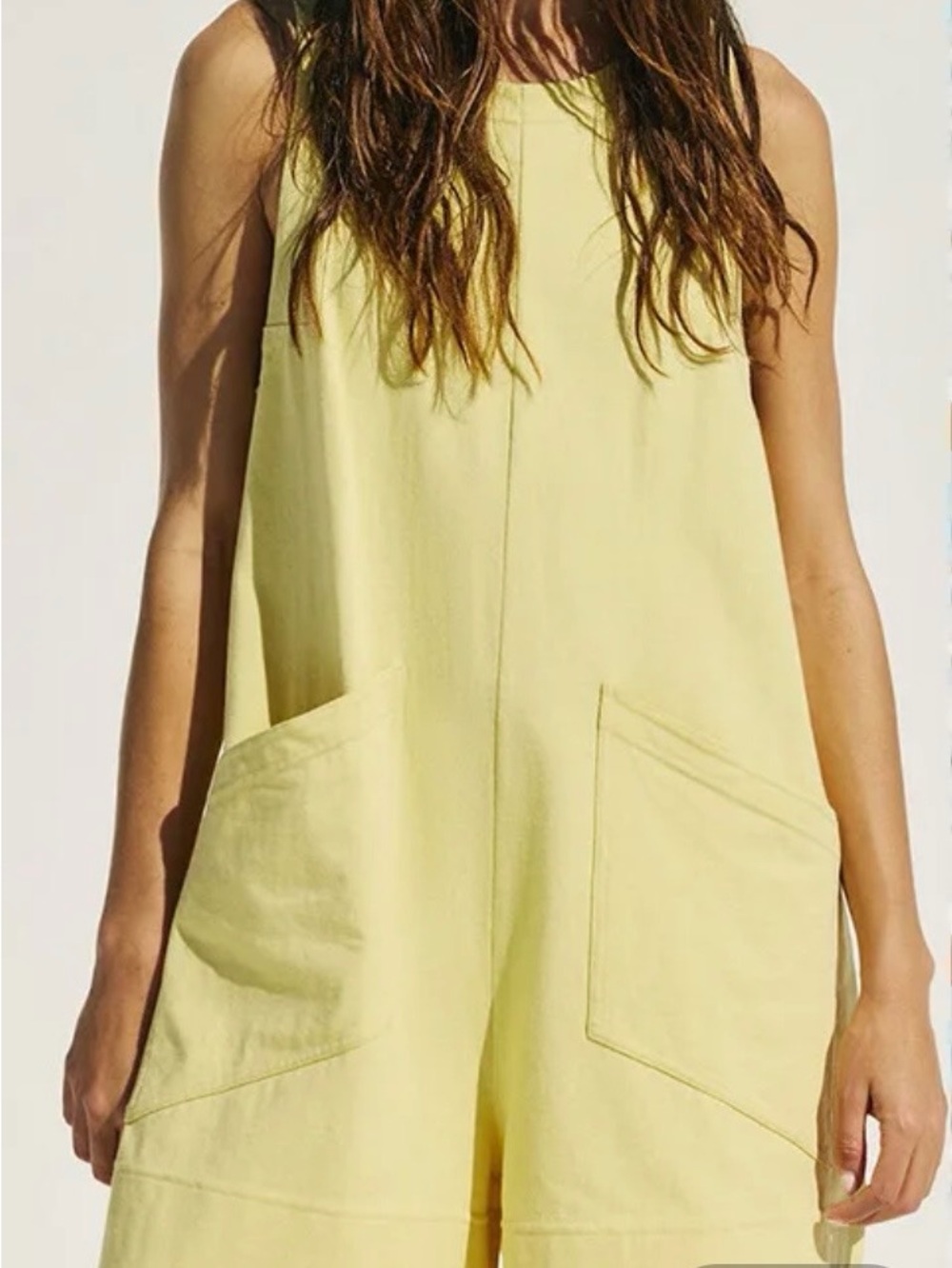 Free People Pale Yellow Sleeveless Short Jumpsuit with Front Pockets